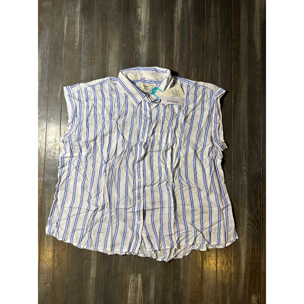 Cosmic Blue Love Cathy Side Slit Button Down Shirt Blue White Striped